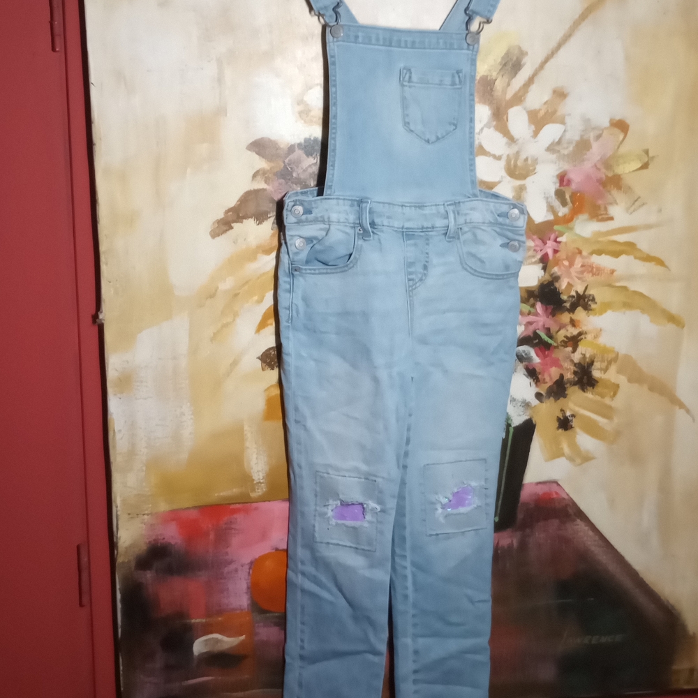 Light Blue Denim Overalls with Purple Accents